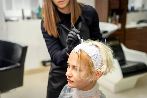 ヘアサロンで若い女性のクライアントの髪に白い染料を適用する女性のヘアスタイリスト — ストック写真