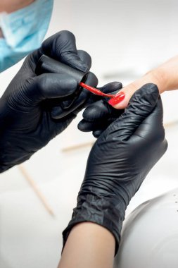 Profesyonel manikür ustası kadın tırnaklarını ojeyle boyuyor.