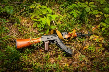 Bir ormandaki bir çim üzerinde uzun bir silah