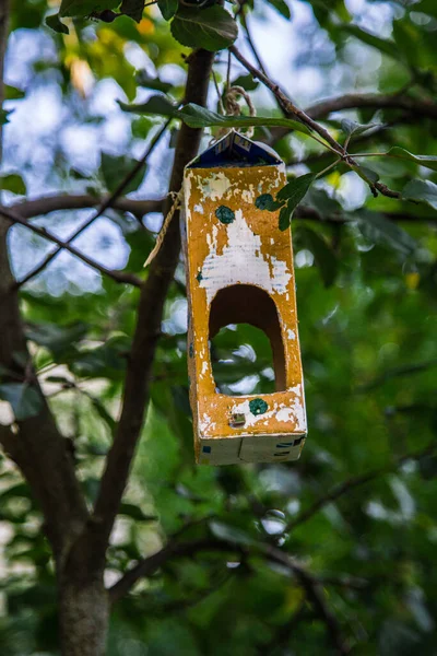 Ein Selbstgebautes Vogelhaus Auf Einem Baum — Stockfoto