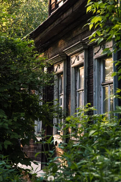 Old Wooden House Windows Bushes — Stock Photo, Image