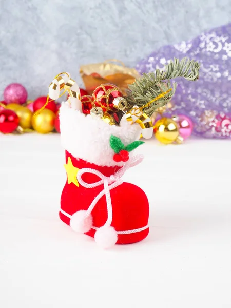 Christmas Boot Stocking Filled Gifts Sprig Christmas Tree Holly Lollipop — Stock Photo, Image