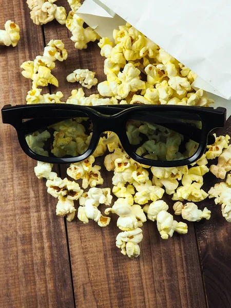 Glasses Background Row Popcorn Movies Space Wooden Background — Stock Photo, Image