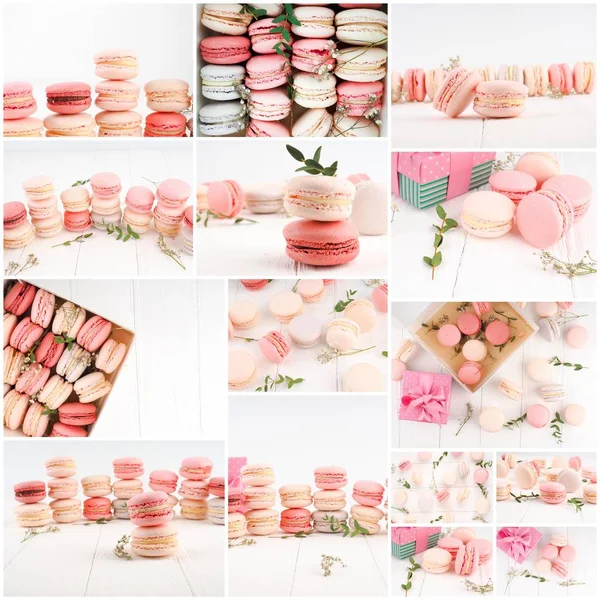 Collage Macaroons Traditional French Cookies Collage Different Gentle Macaroons — Stock Photo, Image