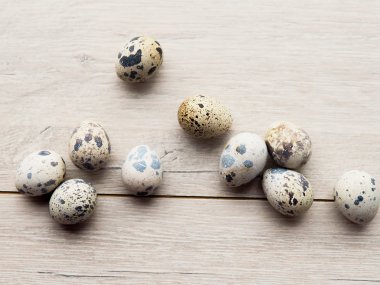 Ahşap arka planda bir yuvada bıldırcın yumurtası.