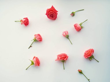 Romantik arka plan ile kırmızı gül, kalp üzerinde ahşap masa, üstten görünüm