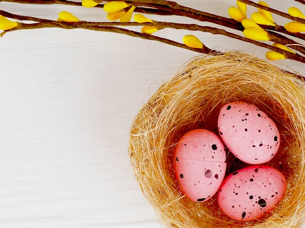 Pink Easter Eggs Nest White Wooden Background Copy Space — Stock Photo, Image