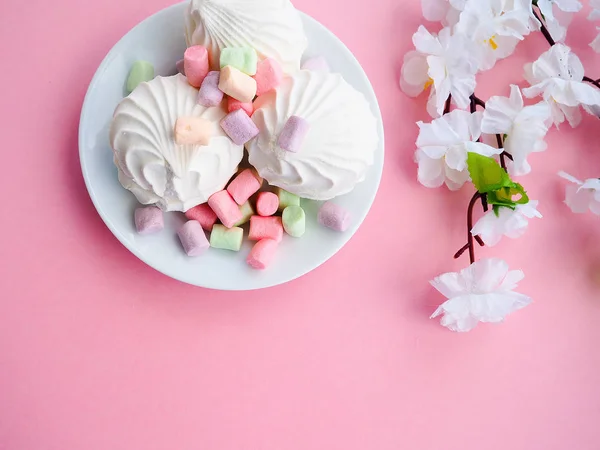 Malvavisco en plato blanco sobre fondo rosa —  Fotos de Stock