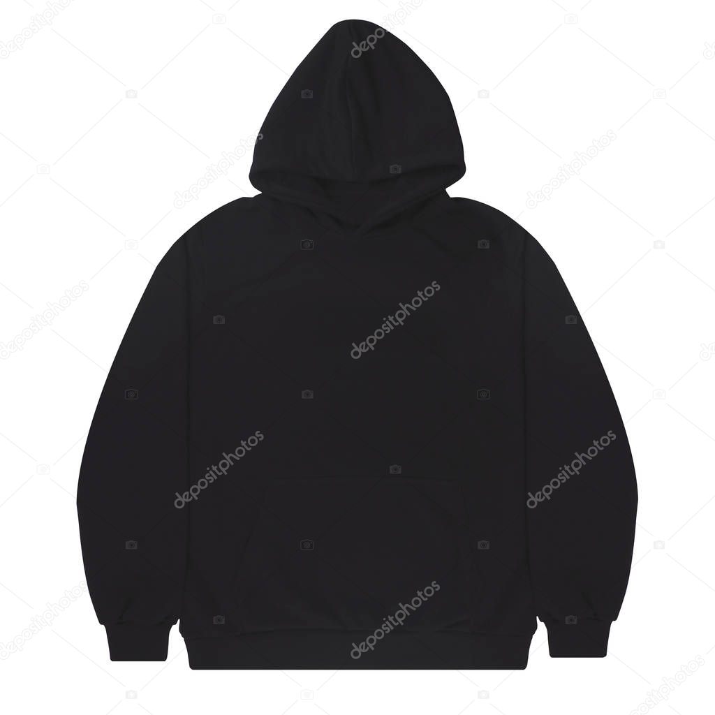 blank hoodie sweatshirt color black back view on white background