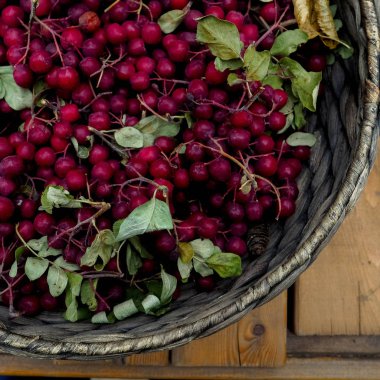 Çuval bezi arka plan üzerinde bir hasır sepet içinde kırmızı rowan