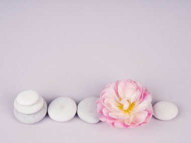 Zen taşı ve çiçekli kaplıca hayatı, ahenk ve denge, cairns, gri zemin üzerinde basit denge taşları, kaya zen heykeli.