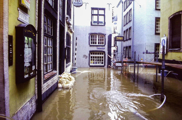 Germany, December 1993. Historic flood in Cologne December 1993 with high water levels, urban flooding and emergency atmosphere