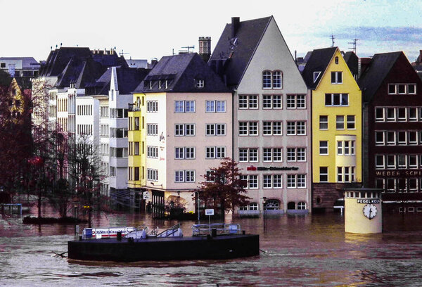 Germany, December 1993. Historic flood in Cologne December 1993 with high water levels, urban flooding and emergency atmosphere