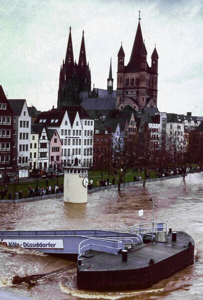 Germany, December 1993. Historic flood in Cologne December 1993 with high water levels, urban flooding and emergency atmosphere