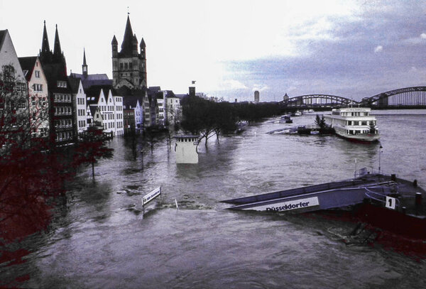 Germany, December 1993. Historic flood in Cologne December 1993 with high water levels, urban flooding and emergency atmosphere