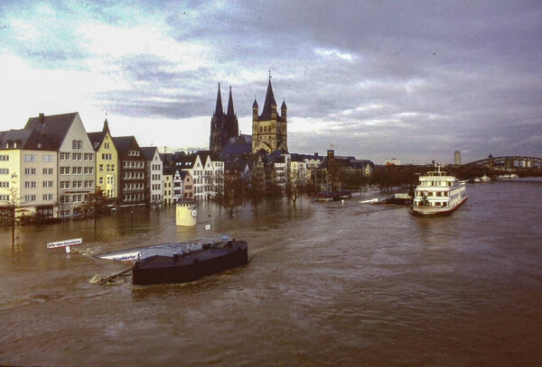 Germany, December 1993. Historic flood in Cologne December 1993 with high water levels, urban flooding and emergency atmosphere