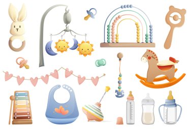 Yeni doğan Aksesuar Koleksiyonu. Tahta çıngırak, ip tavşanı, emzik, bebek arabası, gökkuşağı abaküsü, sallanan at, ksilofon, önlük, süt şişeleri ve gerçekçi pastel tonlarda çelenk de dahil olmak üzere bebek oyuncakları..