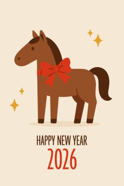 Yeni yılınız kutlu olsun. Kahverengi atlı, şirin, büyük kırmızı bir fiyonk takan, düz çizgi film tarzında bayram illüstrasyonları olan bir tebrik kartı.