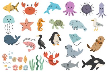 Şirin deniz hayvanları, balina, yengeç, yunus, denizanası, kaplumbağa, penguen, ahtapot ve diğer okyanus canlılarıyla karikatür düz stiliyle dizilmiş.