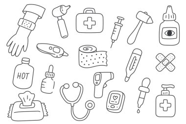 Şırınga, bandaj, stetoskop, termometre, sterometre, dezenfektan ve hastane ekipmanlı tıbbi taslak simgeleri