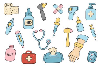 Şırınga, steteskop, termometre, hap, ilk yardım seti ve sağlık ikonlarıyla tıbbi karikatür seti.