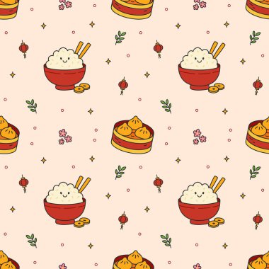 Kusursuz desenli Çin Yemeği Pirinç Kasesi ve Tatlı Çizgi Film Tarzı Hamur Tatlısı