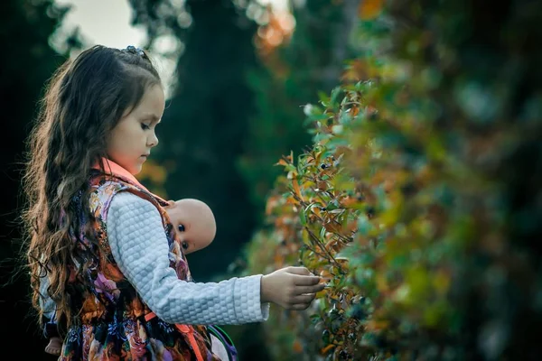 Mädchen Berührt Den Herbststrauch — Stockfoto