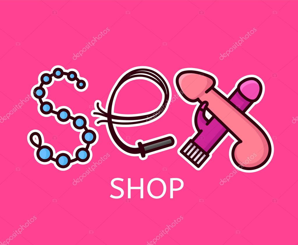 Sex shop logo design. Sex letters from intimate toys. Vector flat line modern style illustration cartoon icon design. Isolated on pink background. Shop template concept