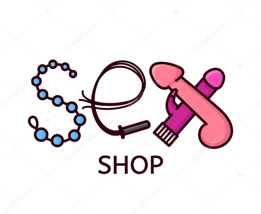 Sex shop logo design. Sex letters from intimate toys. Vector flat line modern style illustration cartoon icon design. Isolated on white background. Shop template concept