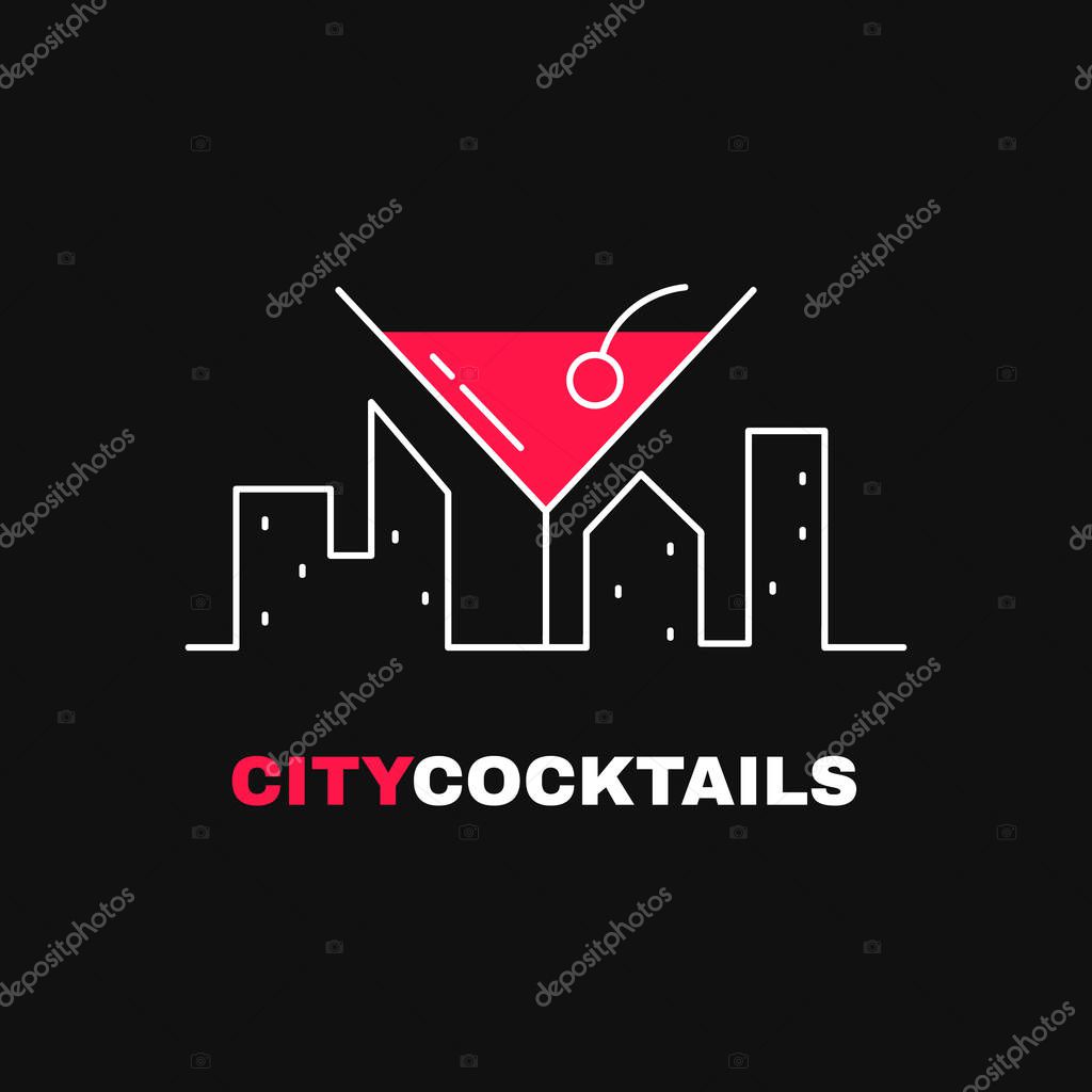 City cocktails logo template design. Flat line modern style illustration icon. Big city landscape and cocktail glass. Bar,alcohol concept