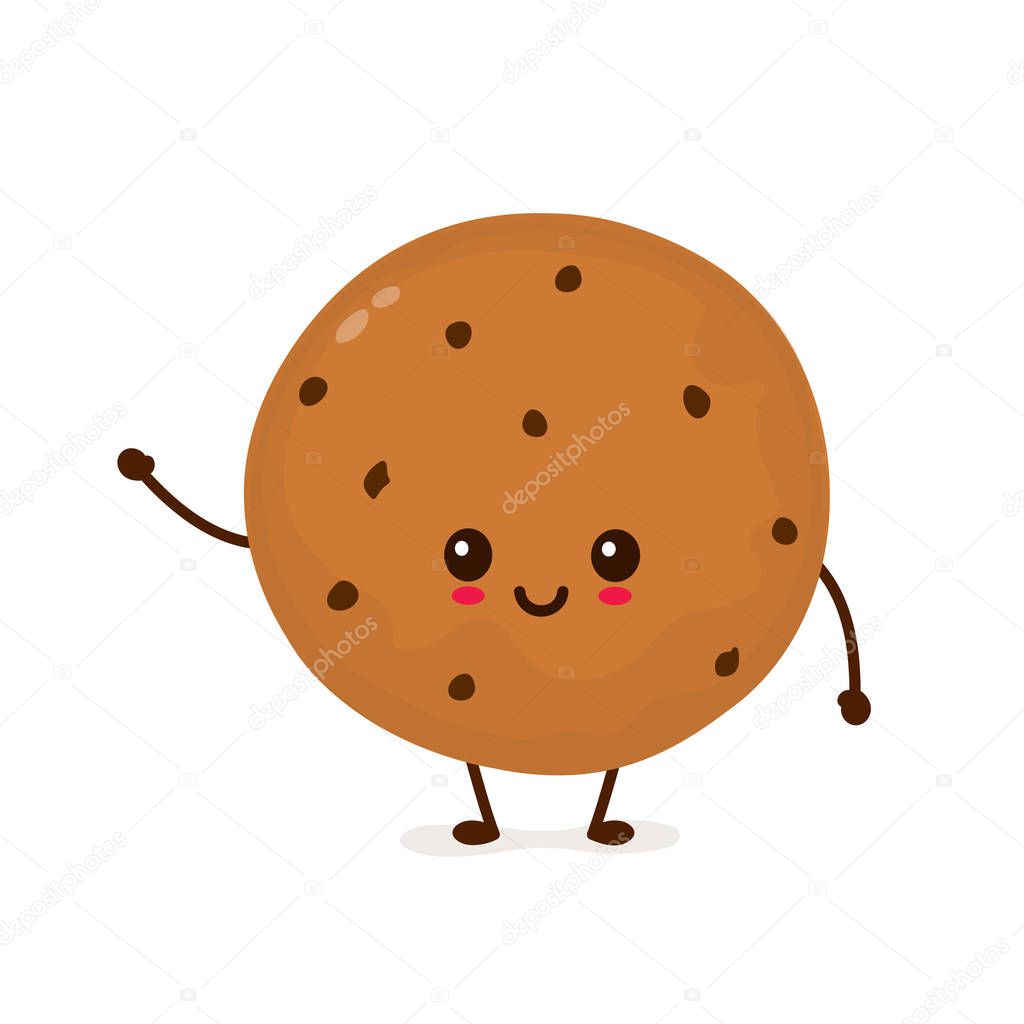 Cute happy smiling chocolate chip cookies. Vector flat cartoon iluustration icon design. Isolated on white background. Freshly baked choco cookies concept