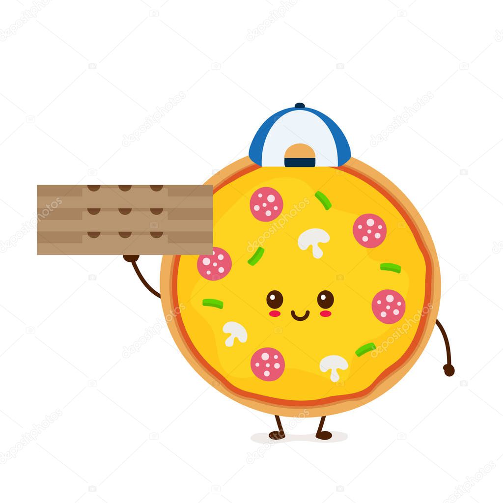 Cute smiling funny cute pizza delivery boy with box.Vector modern flat style cartoon character illustration.Isolated on white background.Pizza delivery concept