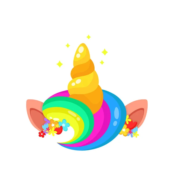 Lindo unicornio arco iris pelo y cuerno — Vector de stock