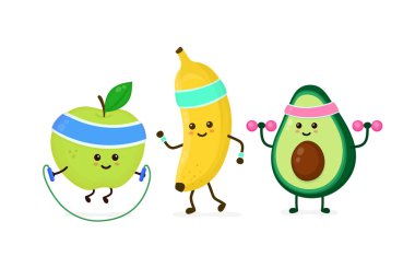 Mutlu güçlü avokado yapmak spor salonu dumbbells ile gülümseyen şirin, elma atlama ip ile çalışan muz. Vektör düz çizgi film karakteri illüstrasyon simge. Beyaz arka plan üzerinde izole. Spor salonu, fitness beslenme kavramı