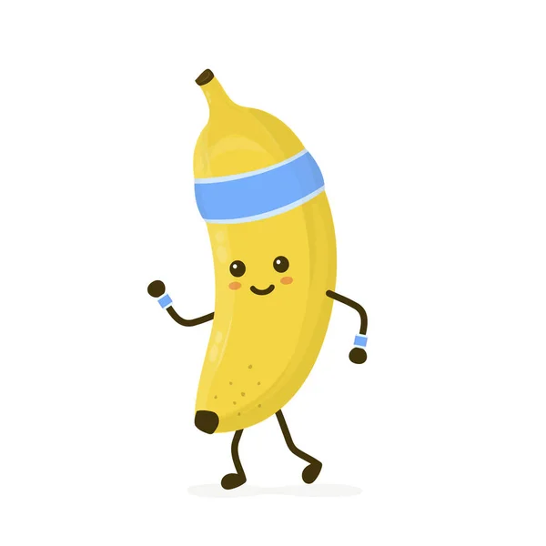 Carino Sorridente Felice Forte Banana Running Vector Piatto Personaggio Dei — Vettoriale Stock