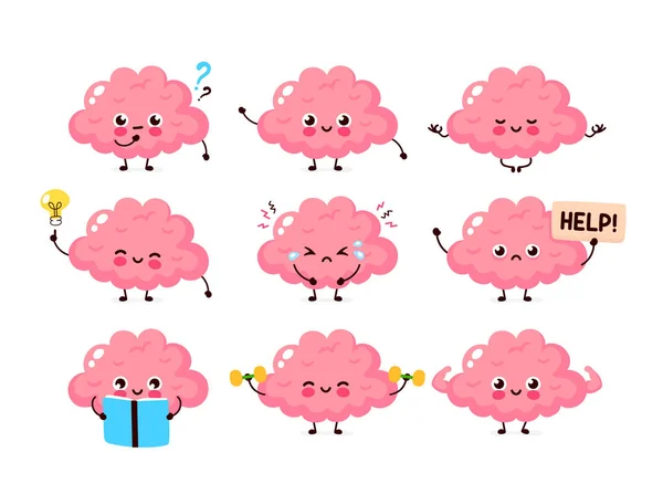 Cute human brain set. Healthy and unhealthy organ — Stock Vector