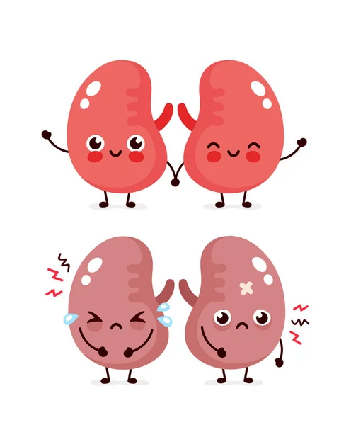 Triste sofrimento doente bonito e saudável rins felizes —  Vetores de Stock