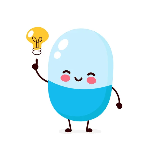 Happy cute pill with lightbulb character — Stock Vector