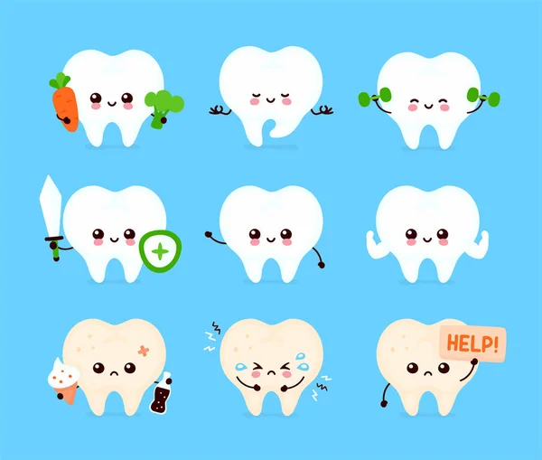 Lindo conjunto de dientes humanos. Órgano sano e insalubre — Vector de stock
