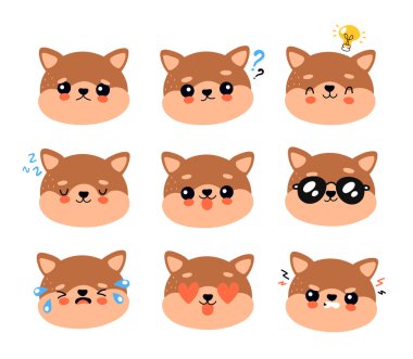 Sevimli mutlu gülümseyen ve üzgün köpek karakteri