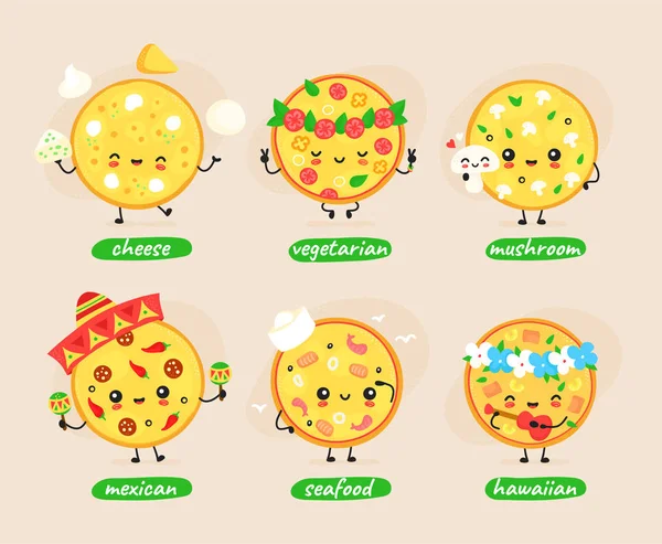 Conjunto de personagens de pizza feliz bonito —  Vetores de Stock