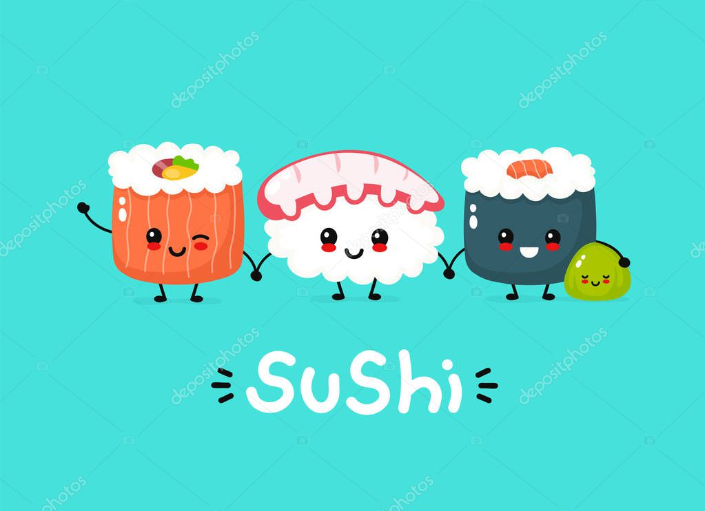 Cute happy funny smiling sushi,roll and wasabi. Vector flat cartoon kawaii character illustration icon design.Asian,japanese,china food, cuisine. Japan sushi character, kids menu logo concept