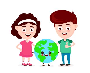 Sevimli mutlu komik gülümseyen erkek, kız ve Dünya gezegeni