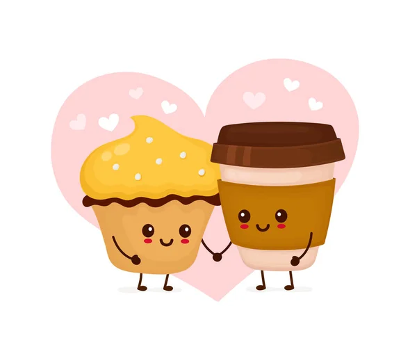 Feliz bonito sorrindo kawaii cupcake e café — Vetor de Stock