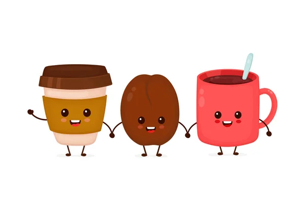 Happy cute smiling coffee bean and coffee cups — Stock Vector