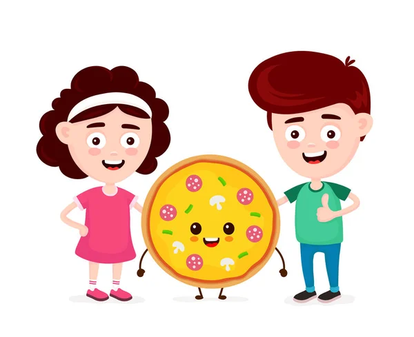 Cute happy funny smiling boy,girl and pizza — Stock Vector