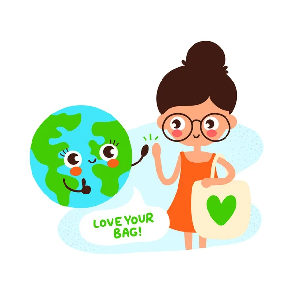 Милая счастливая планета Земля и девушка с эко-сумкой — стоковый вектор