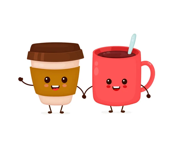 Feliz bonito sorrindo copos de café engraçados —  Vetores de Stock