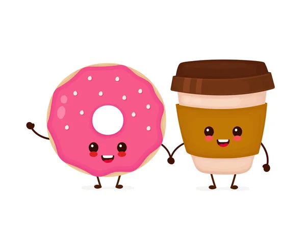 Feliz bonito sorrindo donut e café —  Vetores de Stock