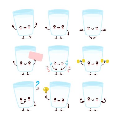 Sevimli gülümseyen mutlu süt cam seti koleksiyonu